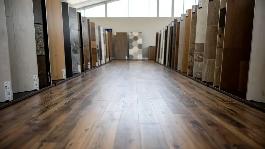 Long aisle of wood-look plank flooring between rows of tile and plank sample panels
