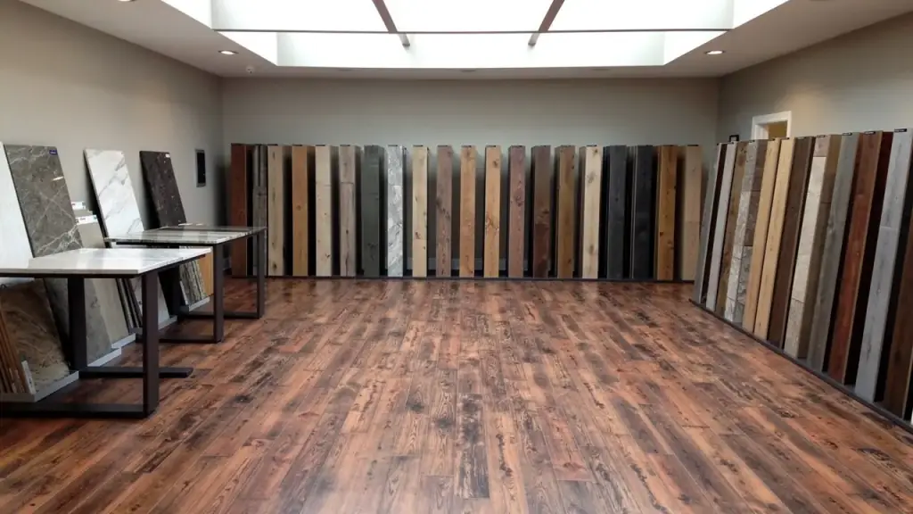 Stone and tile countertop slabs on display tables beside a wall of wood plank samples