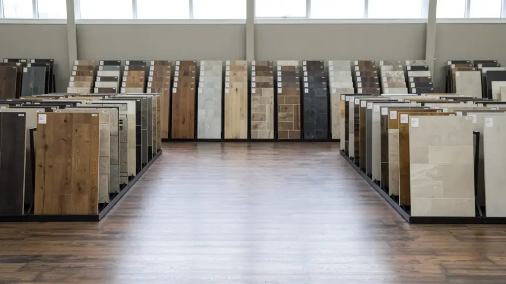 Upright plank and tile sample boards in rows under high clerestory windows